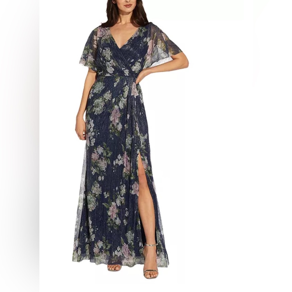 Adrianna Papell Women's Floral-Print Metallic Crinkled Gown Size 2 New